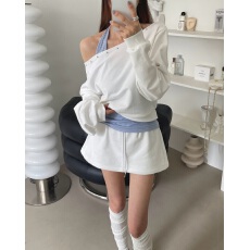 批发chic韩国东大门新款长袖休闲韩版式斜肩上衣背心叠穿<b class='q'>裤</b>裙3件套