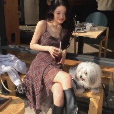 批发有货chic韩国<b class='q'>东大门</b>2026春夏季新款 复古格纹不规则吊带<b class='q'>连衣裙</b>