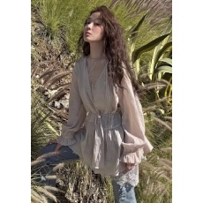 批发chic<b class='q'>韩国</b>博主穿搭叠穿初恋系韩风蕾丝系带衬衫/连衣裙两件套