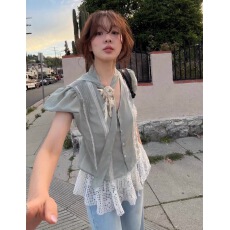批发有货chic <b class='q'>韩国</b>夏季新款 法式甜美少女蕾丝拼接系带收腰泡泡袖衬衫