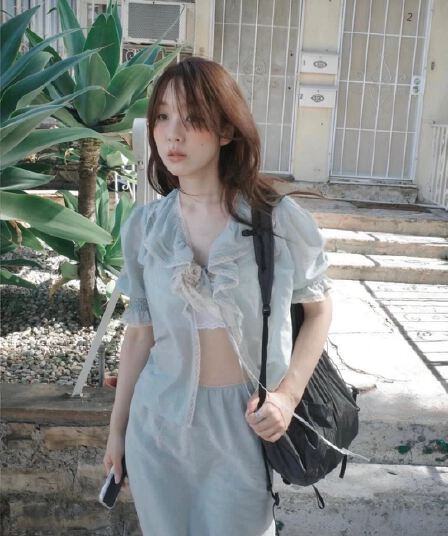 재고 있음 chic 한국 새로운 26 봄 여름 레이스업 베이비 칼라 거품 소매 셔츠 반 스커트 세트
