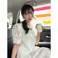 批发chic韩国26夏新镂空刺绣小香风镂空半裙套装名媛五分袖中长裙