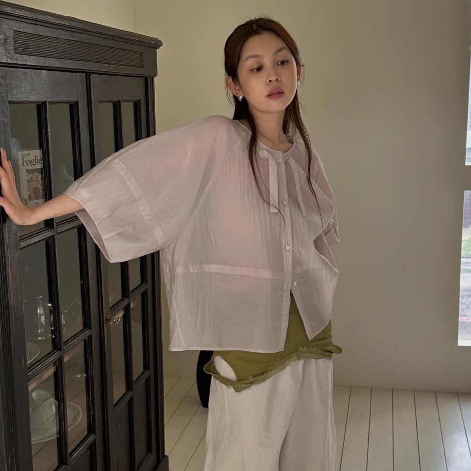 chic 한국 근면 26 여름 달콤한 스타일 거품 소매 레이스업 루즈핏 반팔 셔츠