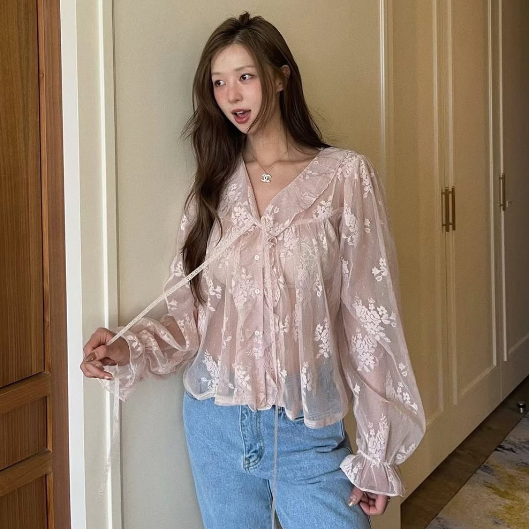 chic 한국 26 여름 시스루 레이스업 레이스 낮은 네크라인 나팔 긴팔 레이스 오픈 가디건