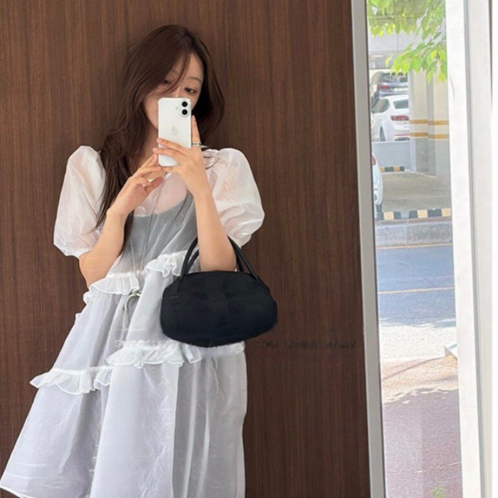 chic 한국 동대문 부드러운 낭만주의 프릴 루즈핏 시스루 거품 소매 셔츠 드레스