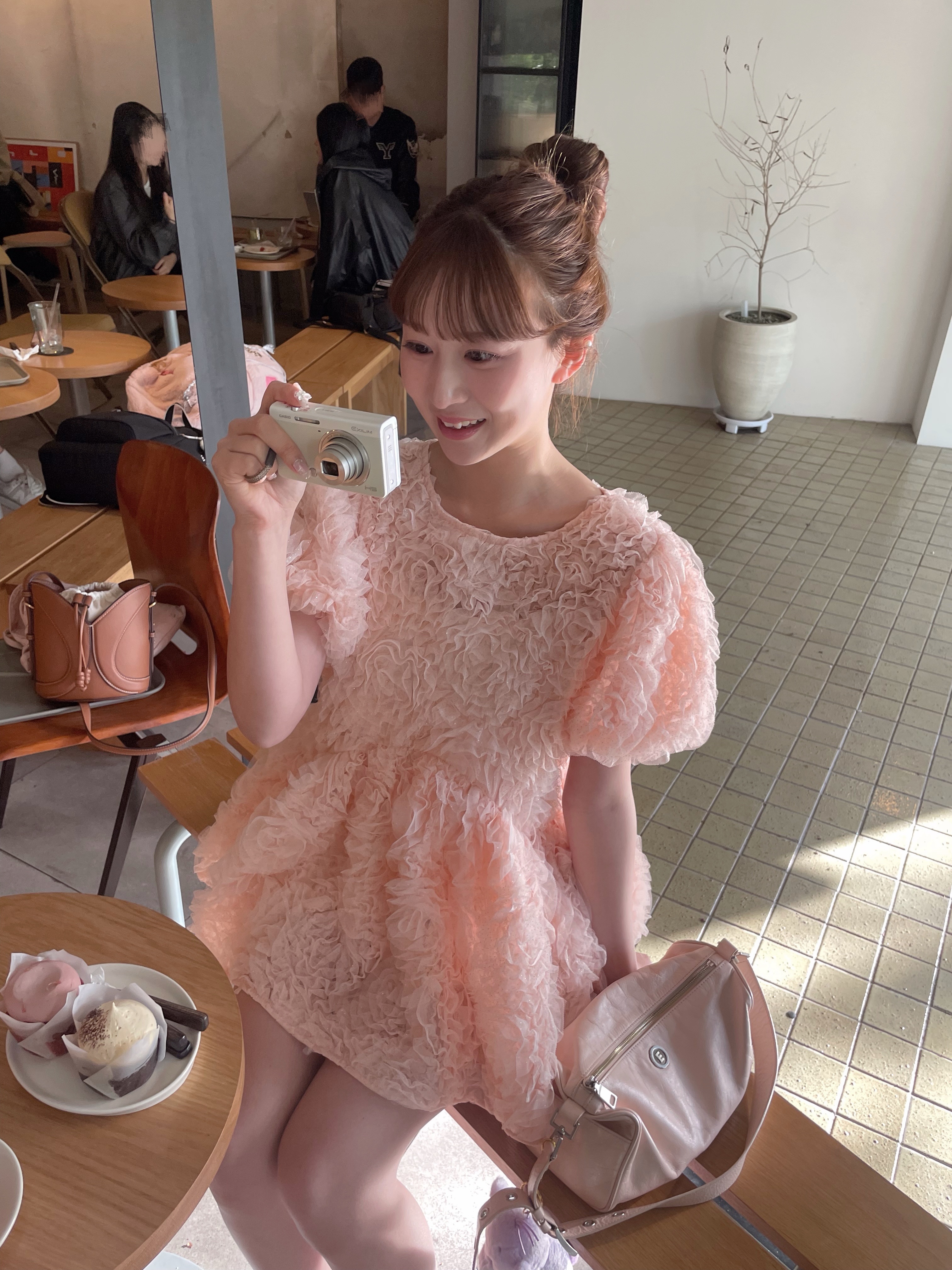 chic 명문 여성 천 골드 달콤함 거품 소매 여성 드레스 프랑스식 레트로 핑크색 꽃 퍼프 미니 스커트