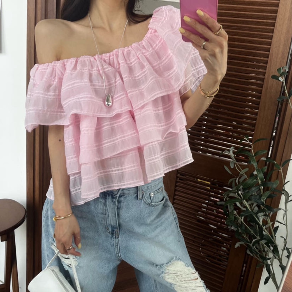chic 새로운 한국 동대문 플리츠 멜라루카 밴딩 오프숄더 오프숄더 여성 셔츠