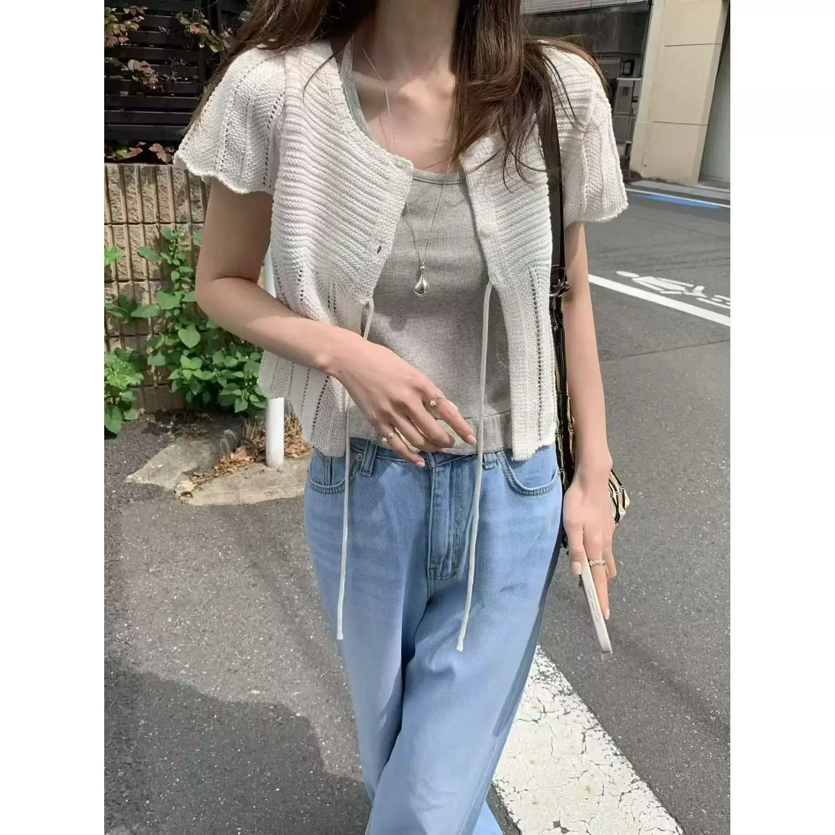 프렌치 스타일 단추 레이스 반소매 라운드넥 가디건 상세 이미지 1