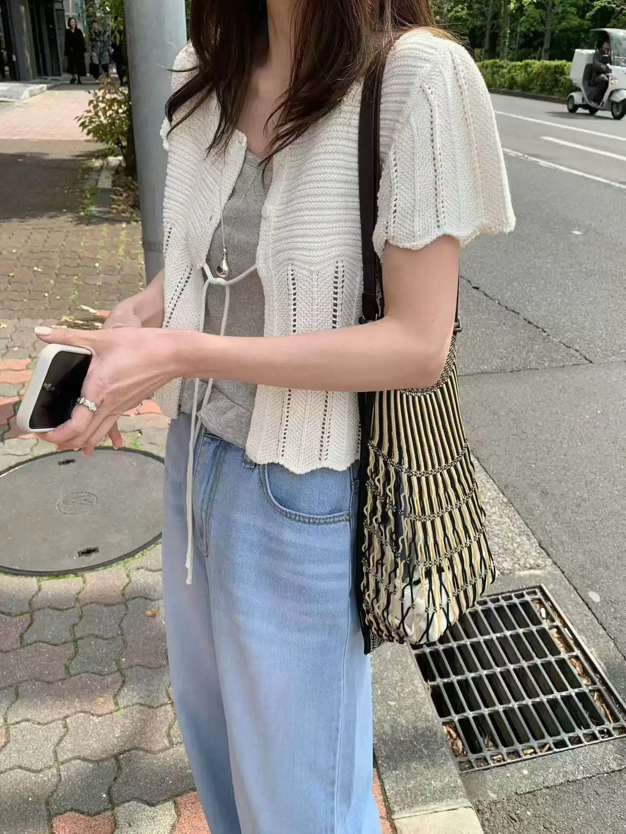 프렌치 스타일 단추 레이스 반소매 라운드넥 가디건 상세 이미지 6