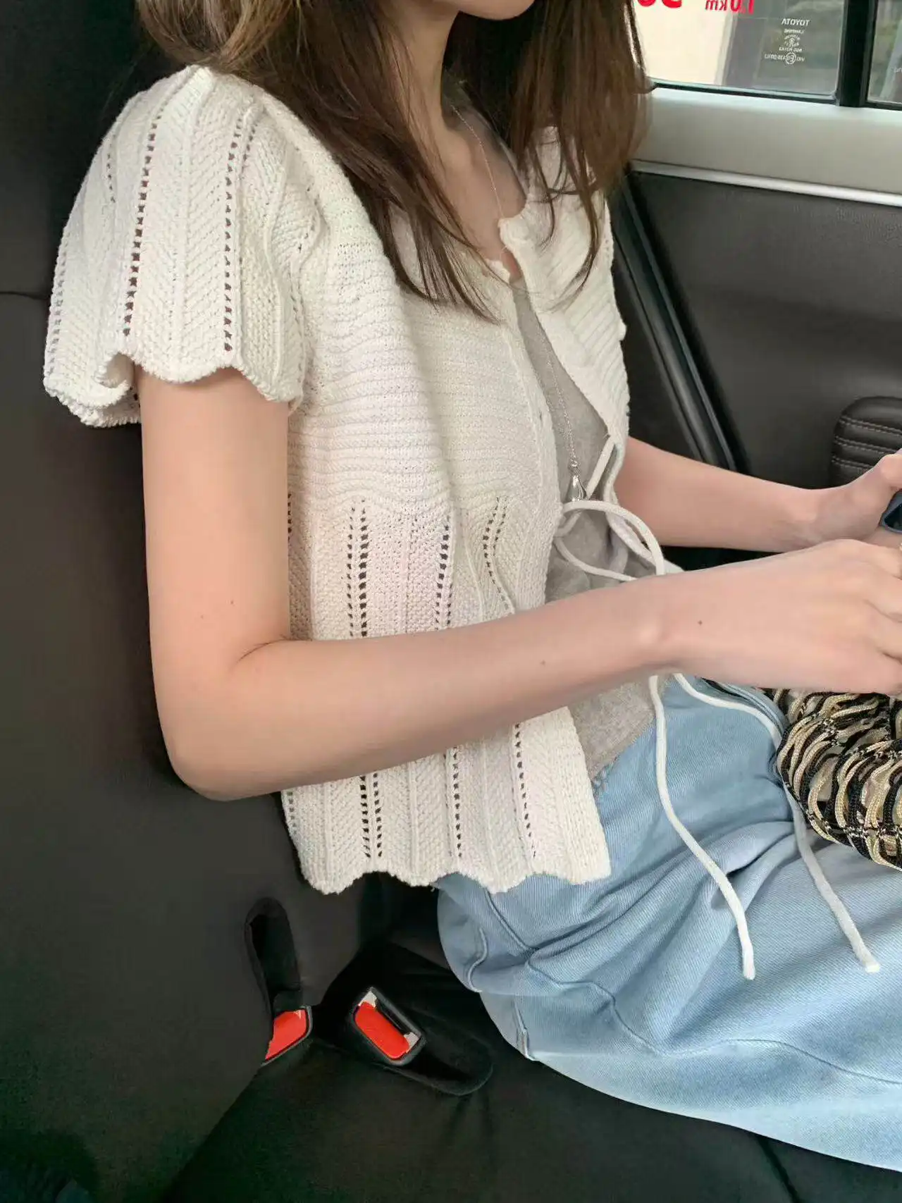 프렌치 스타일 단추 레이스 반소매 라운드넥 가디건 상세 이미지 8