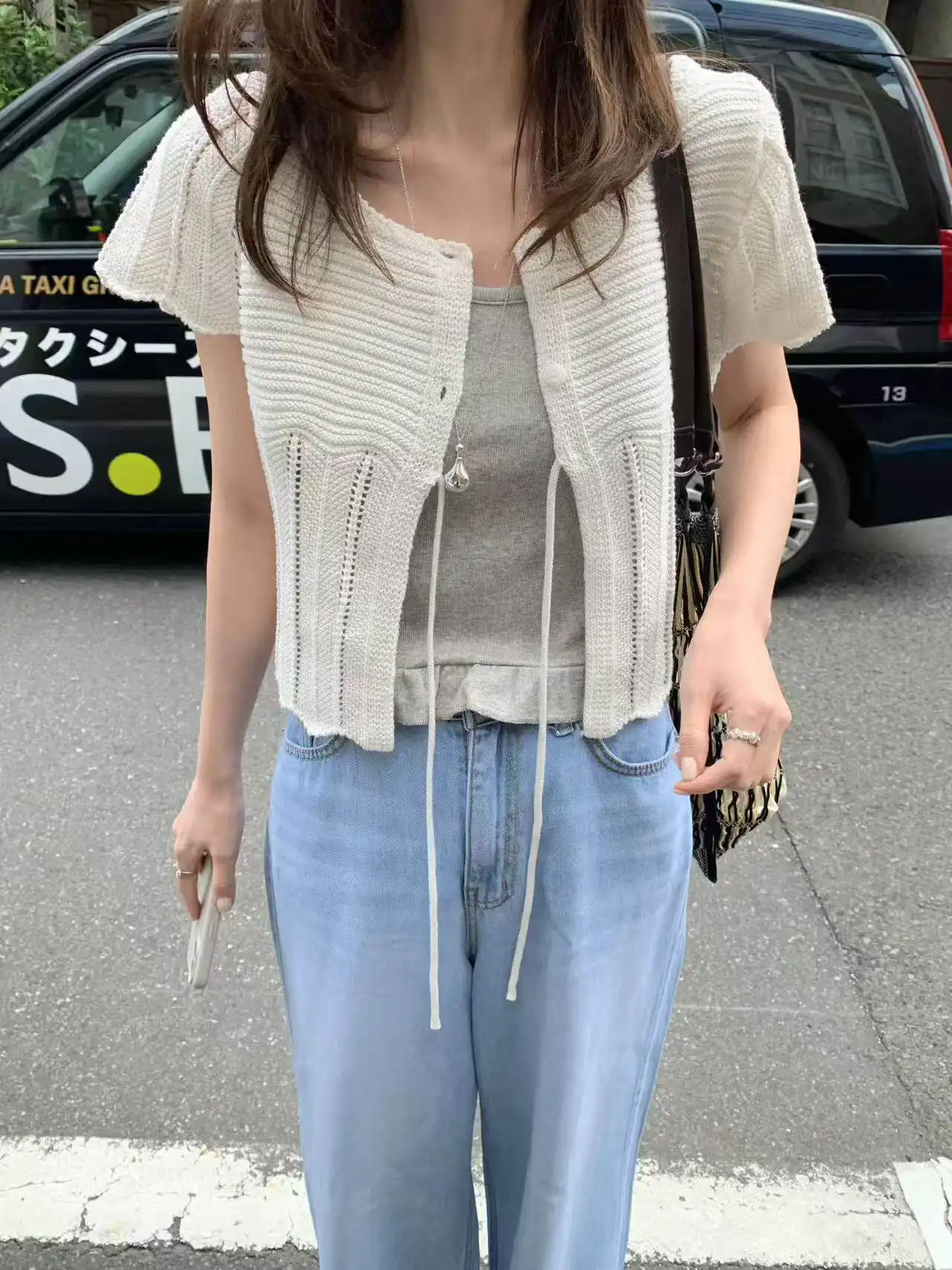 프렌치 스타일 단추 레이스 반소매 라운드넥 가디건 상세 이미지 12