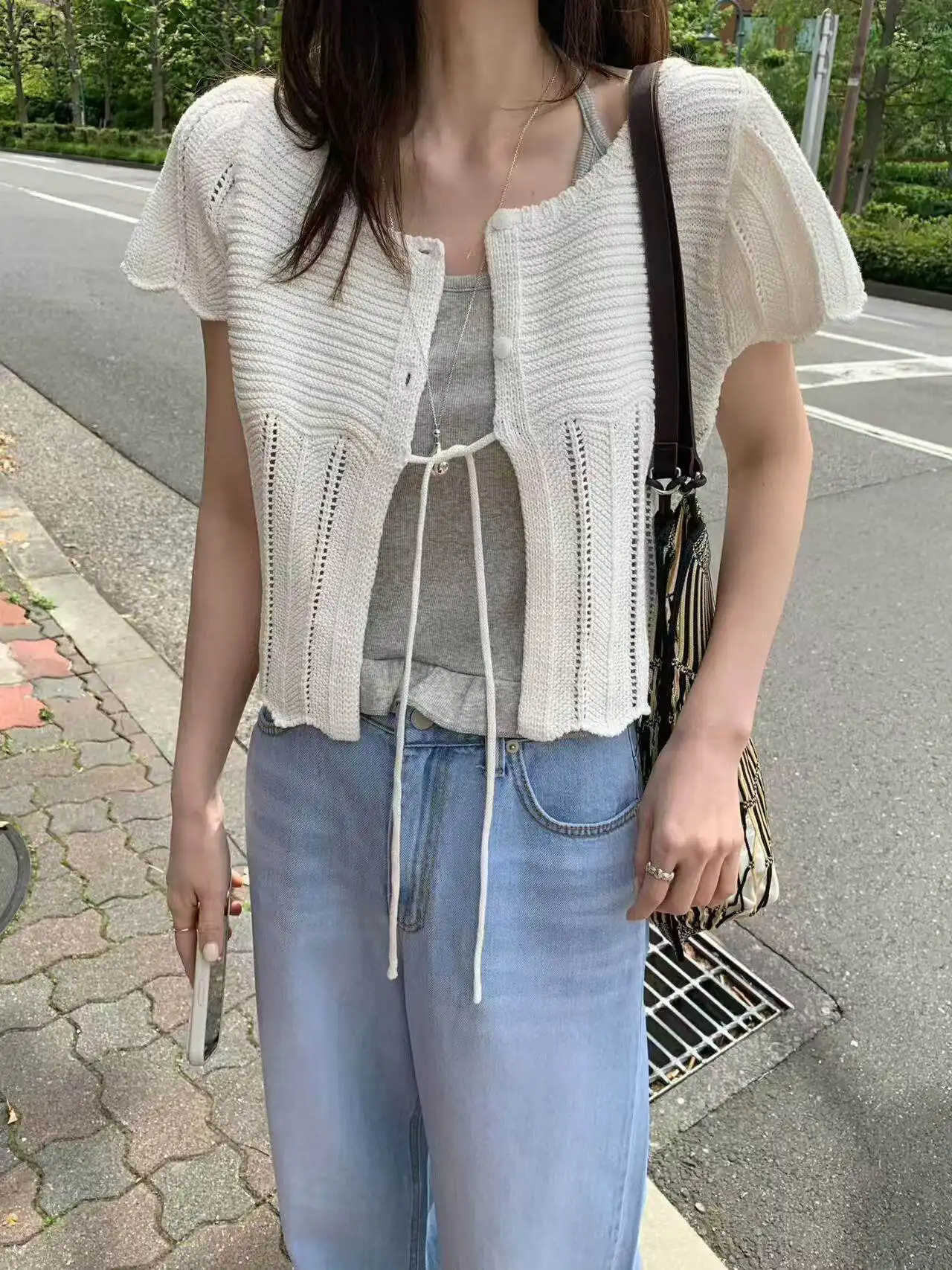 프렌치 스타일 단추 레이스 반소매 라운드넥 가디건 상세 이미지 13