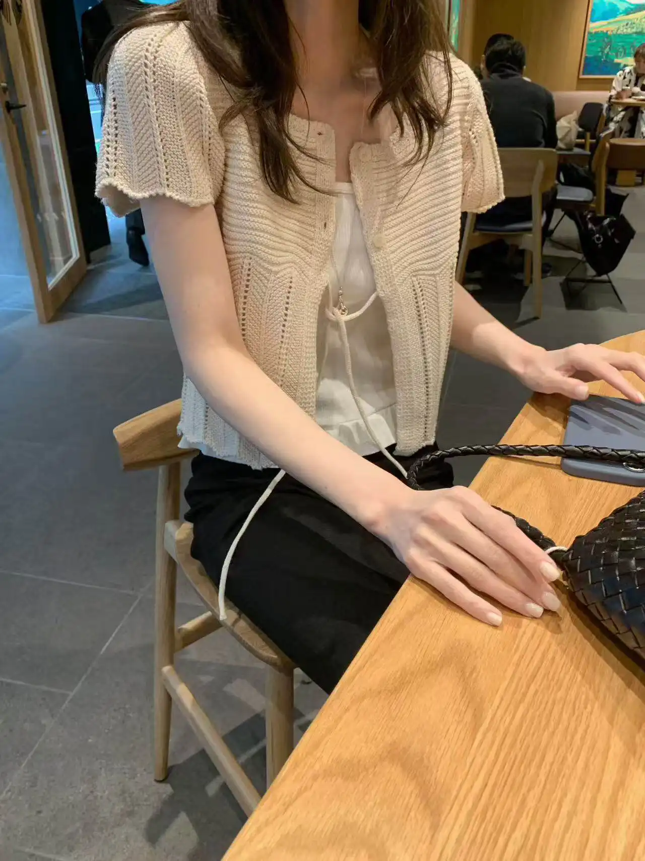 프렌치 스타일 단추 레이스 반소매 라운드넥 가디건 상세 이미지 19