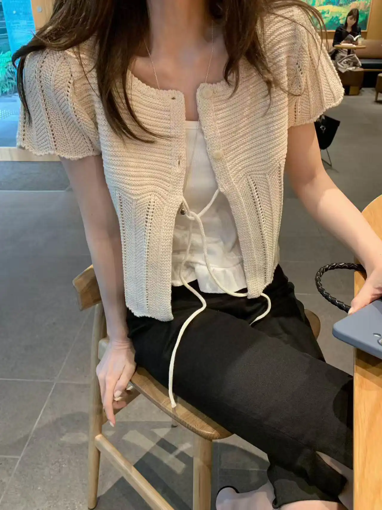 프렌치 스타일 단추 레이스 반소매 라운드넥 가디건 상세 이미지 20