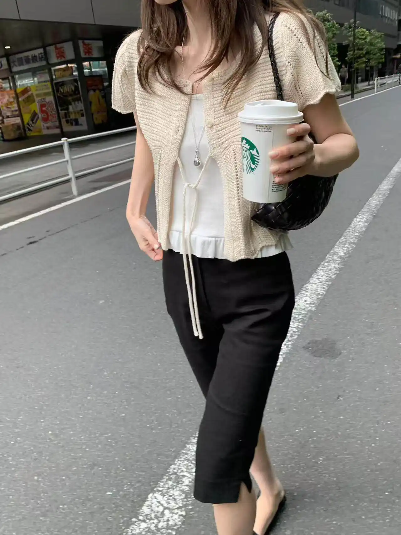 프렌치 스타일 단추 레이스 반소매 라운드넥 가디건 상세 이미지 21