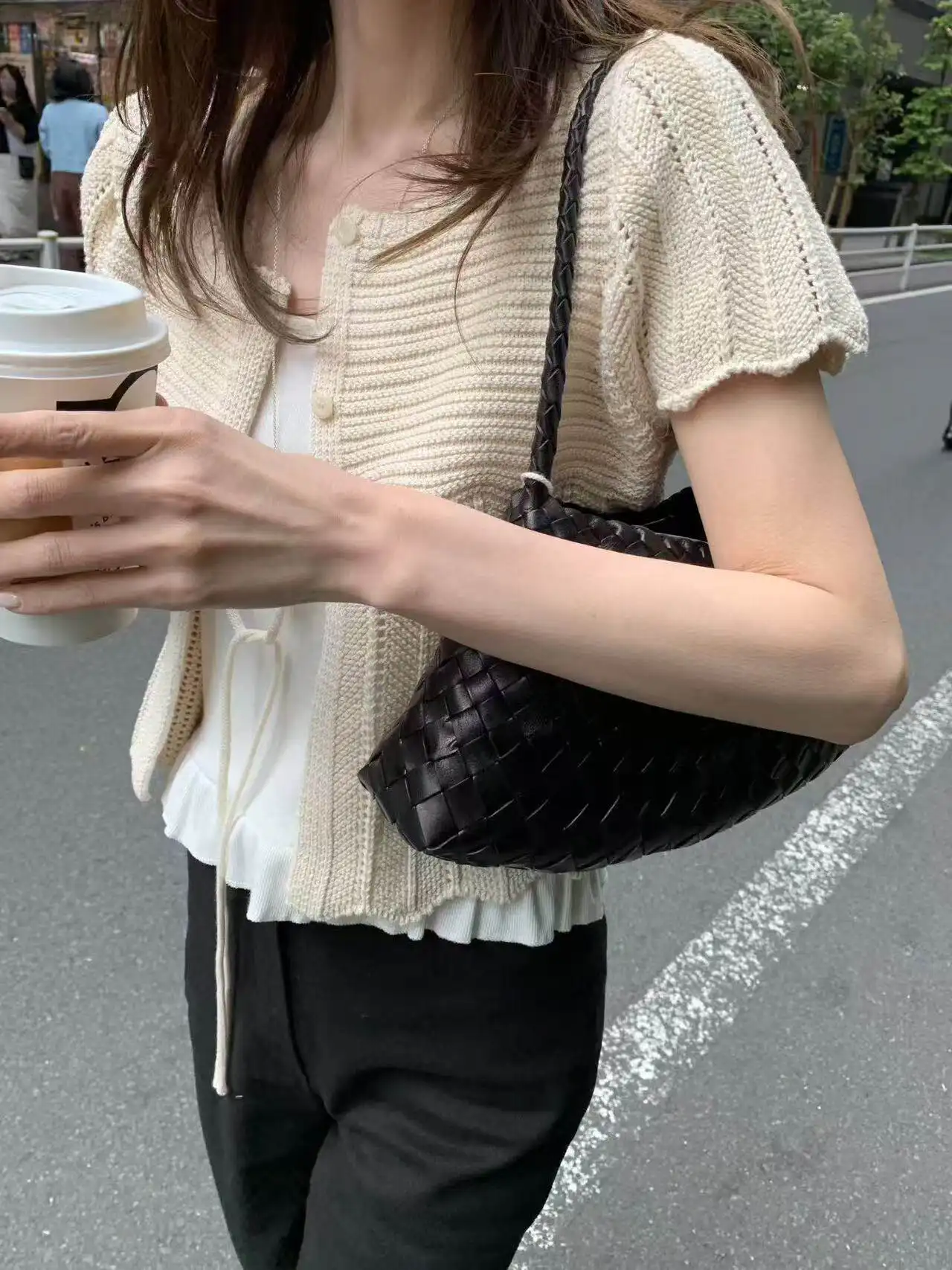프렌치 스타일 단추 레이스 반소매 라운드넥 가디건 상세 이미지 25