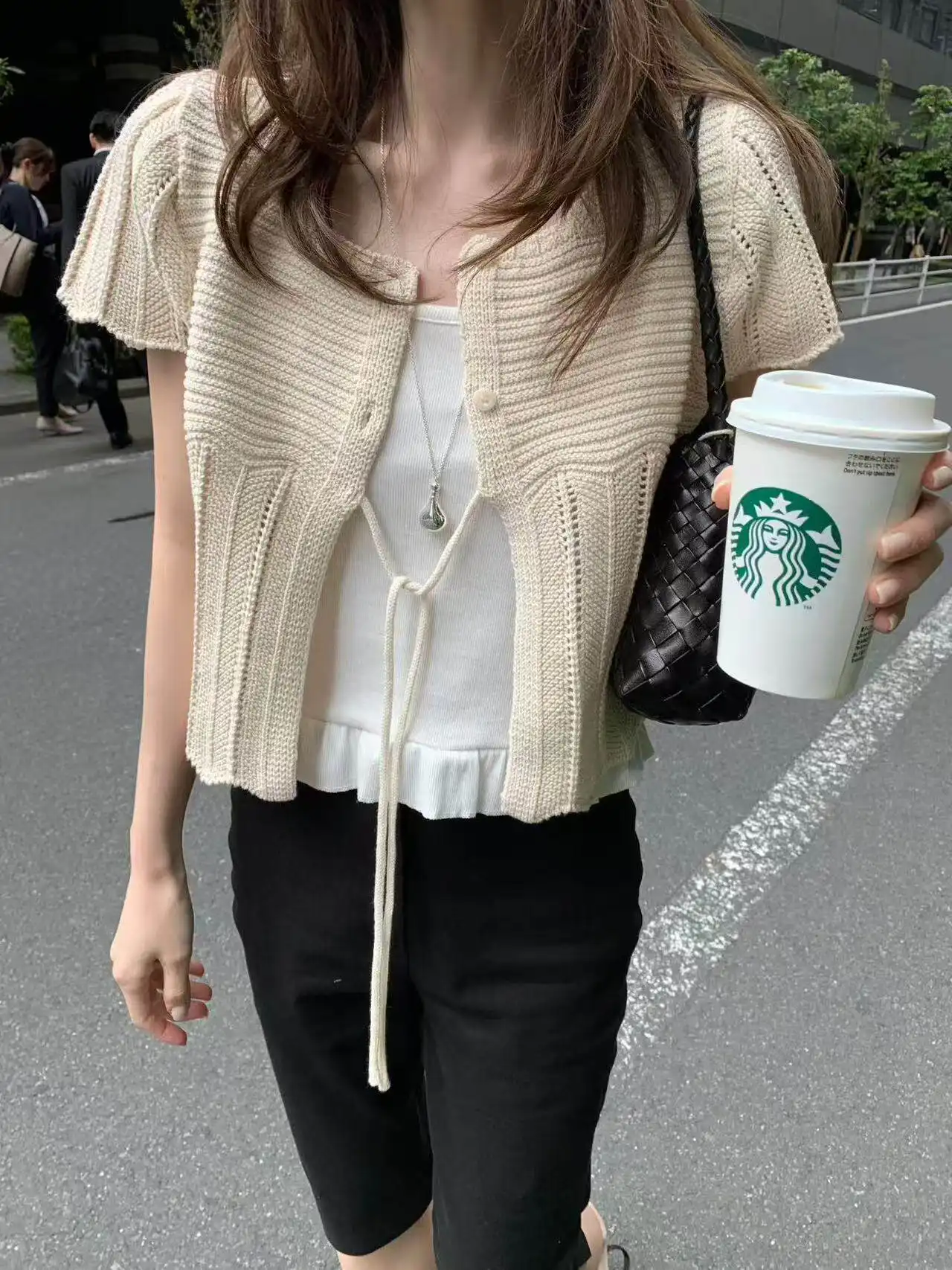 프렌치 스타일 단추 레이스 반소매 라운드넥 가디건 상세 이미지 28