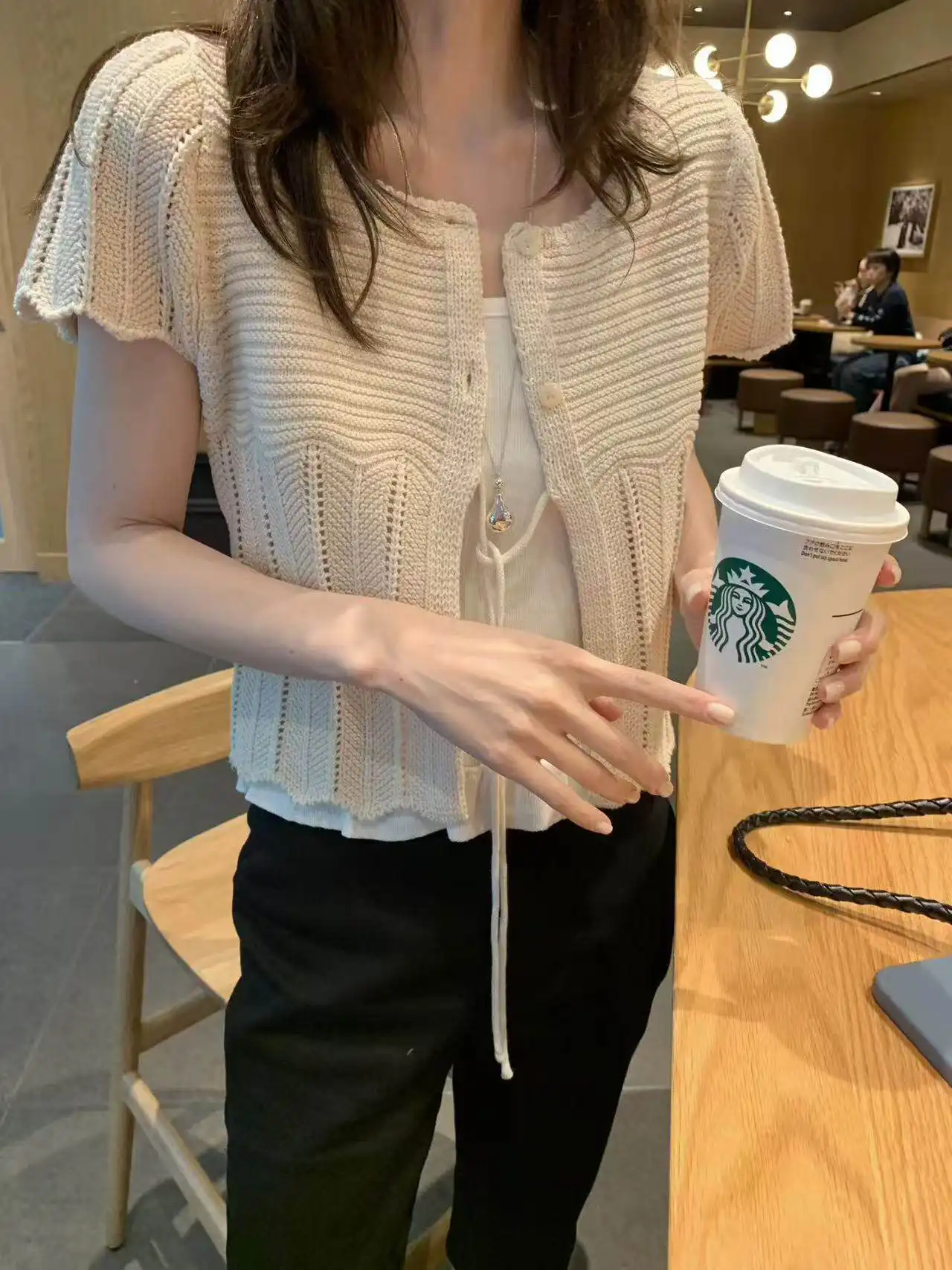 프렌치 스타일 단추 레이스 반소매 라운드넥 가디건 상세 이미지 31