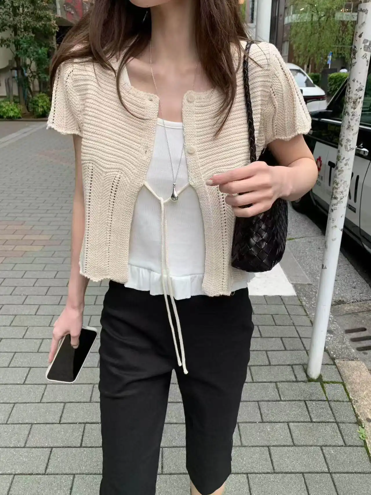 프렌치 스타일 단추 레이스 반소매 라운드넥 가디건 상세 이미지 33