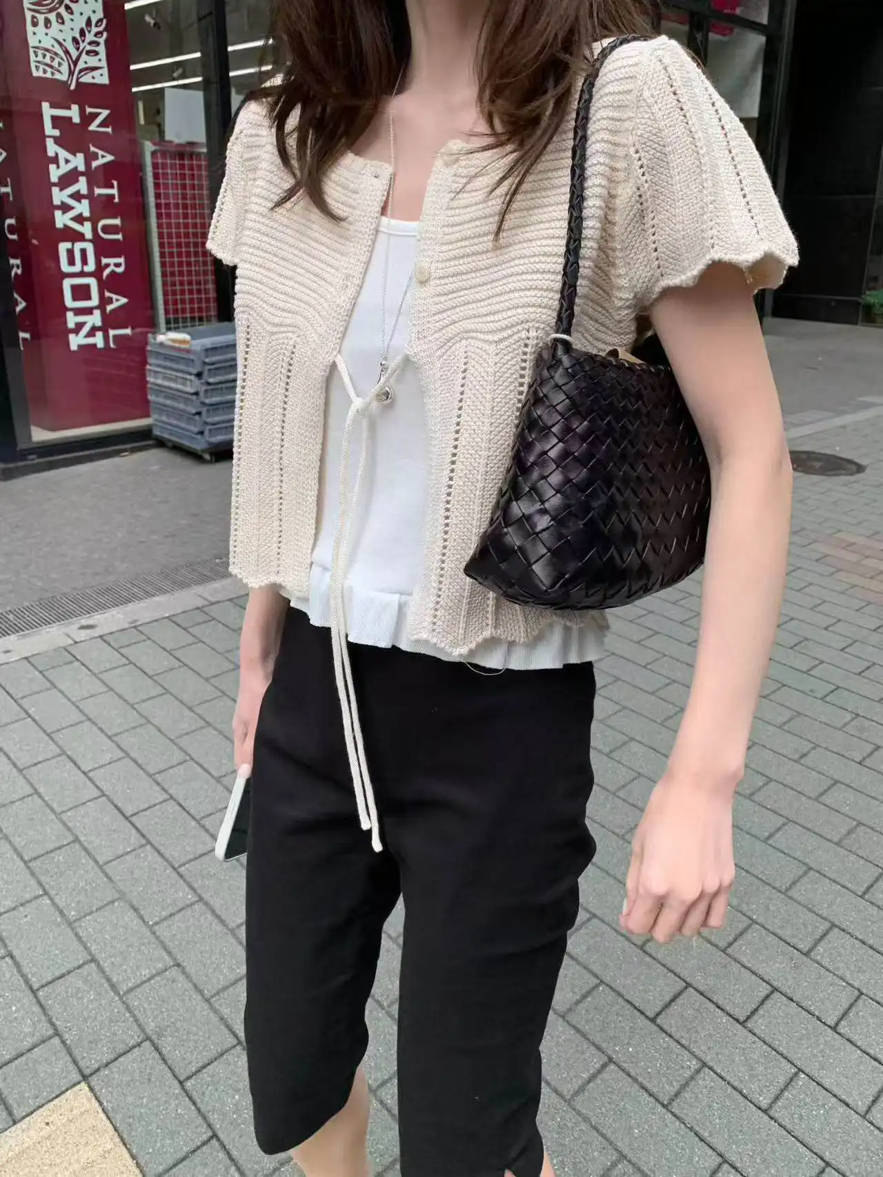 프렌치 스타일 단추 레이스 반소매 라운드넥 가디건 상세 이미지 37