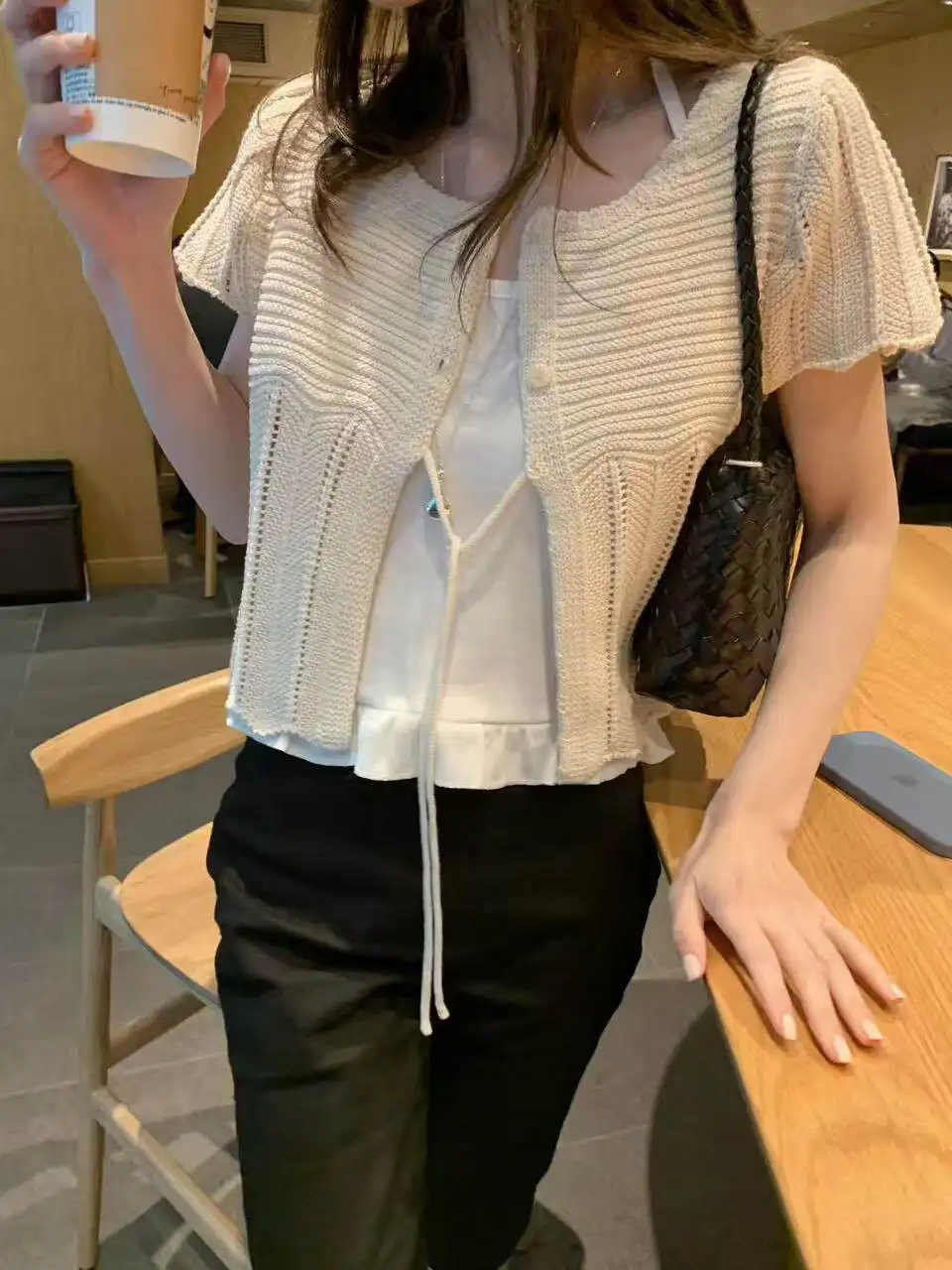 프렌치 스타일 단추 레이스 반소매 라운드넥 가디건 상세 이미지 39