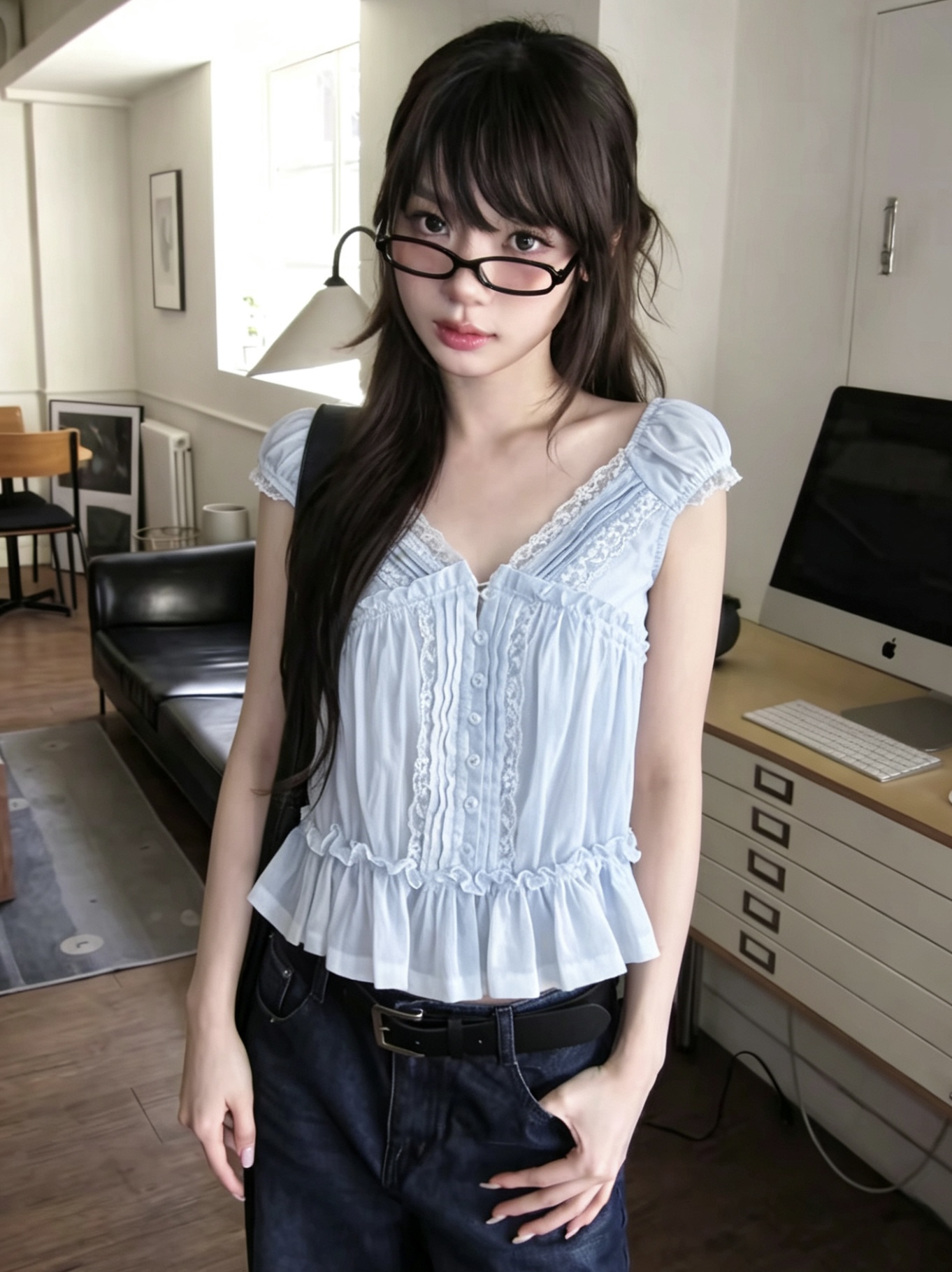 선적 중 필요 한 조각 Jiaojiao ~ 중 프랑스식 레이스 기타 공예 V넥 백리스 청 ~을 통해 프릴 작은 셔츠