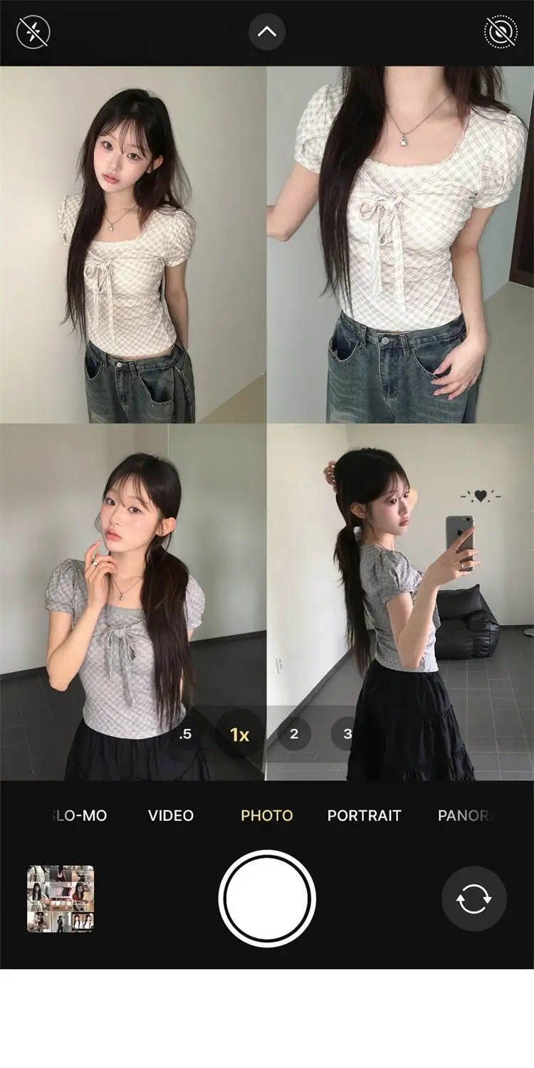 반소매 체크 패턴 퍼프소매 티셔츠 상세 이미지 3