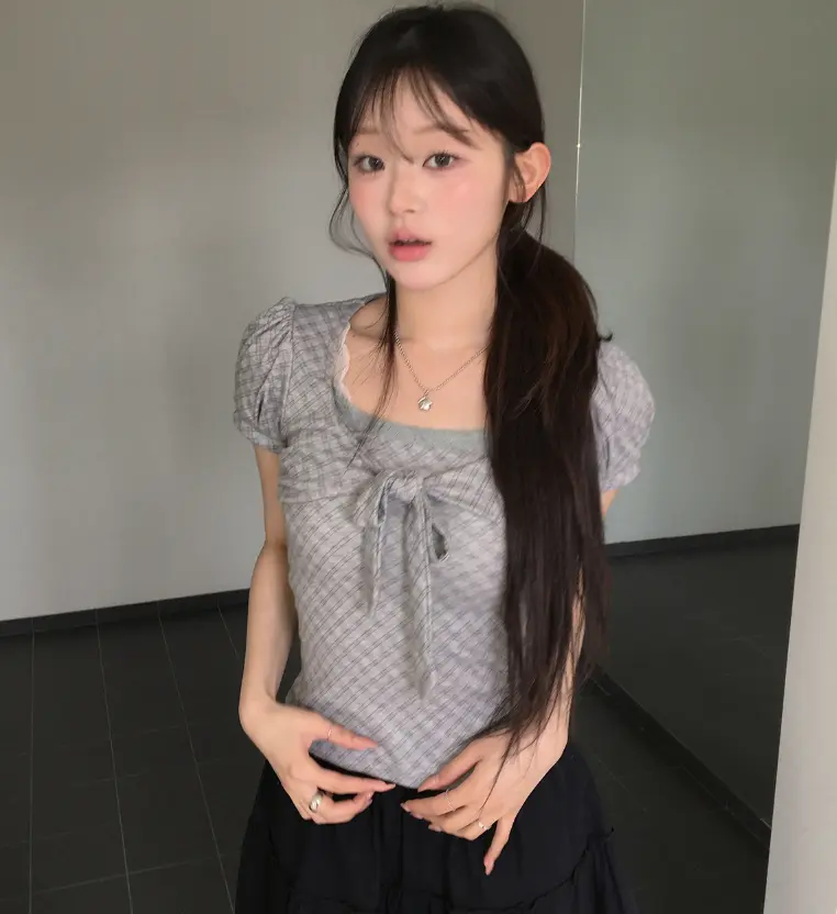 반소매 체크 패턴 퍼프소매 티셔츠 상세 이미지 5