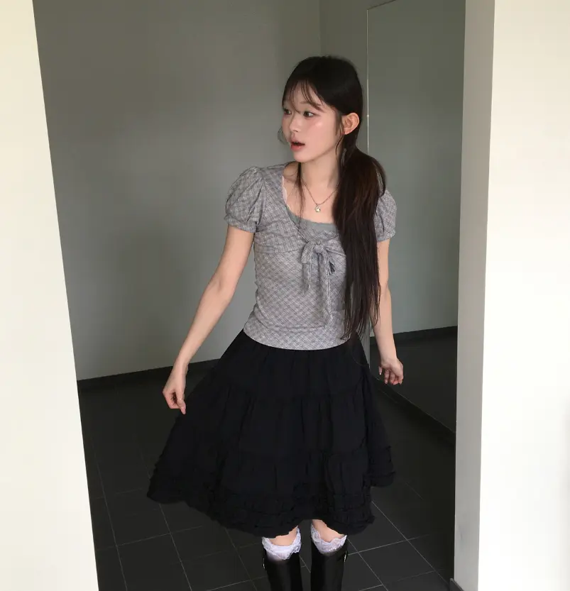 반소매 체크 패턴 퍼프소매 티셔츠 상세 이미지 6