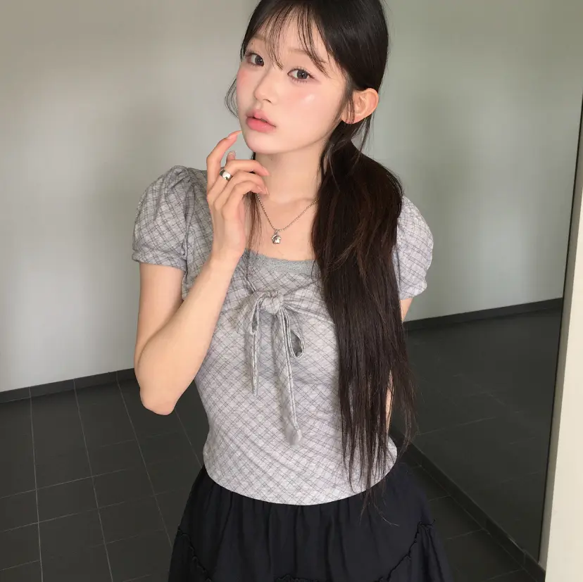 반소매 체크 패턴 퍼프소매 티셔츠 상세 이미지 14
