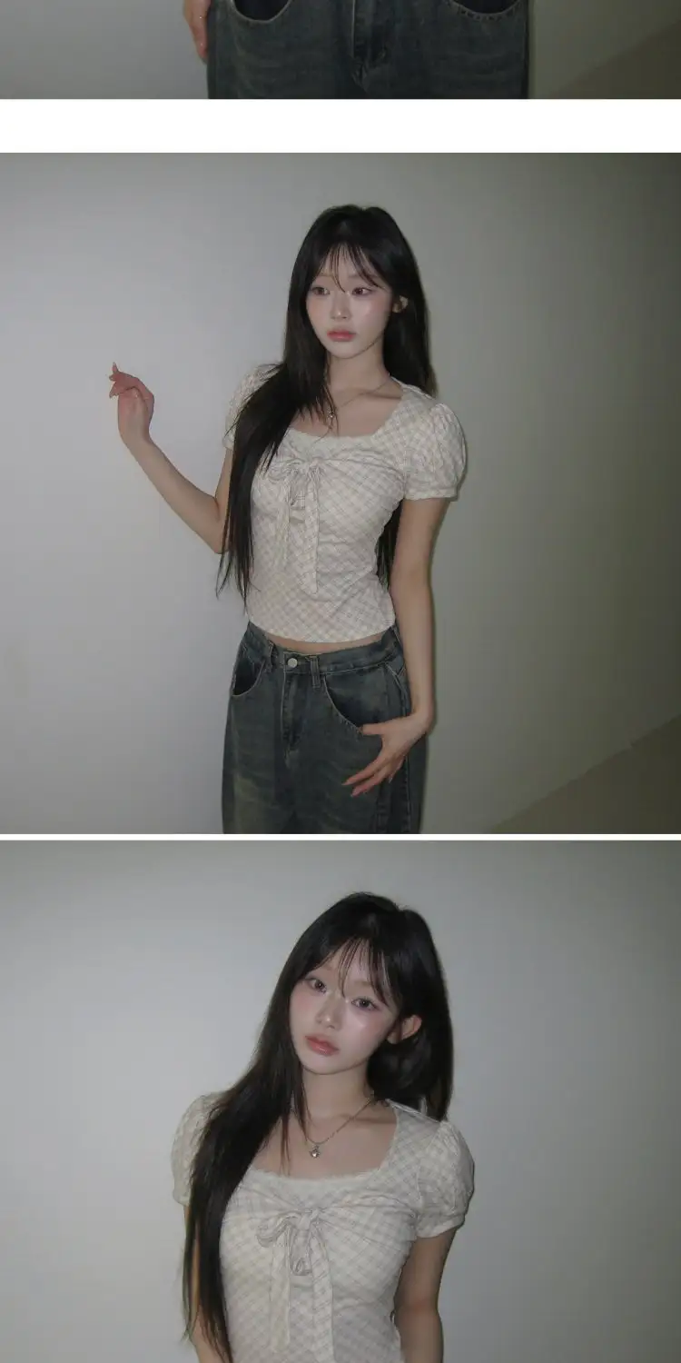 반소매 체크 패턴 퍼프소매 티셔츠 상세 이미지 17