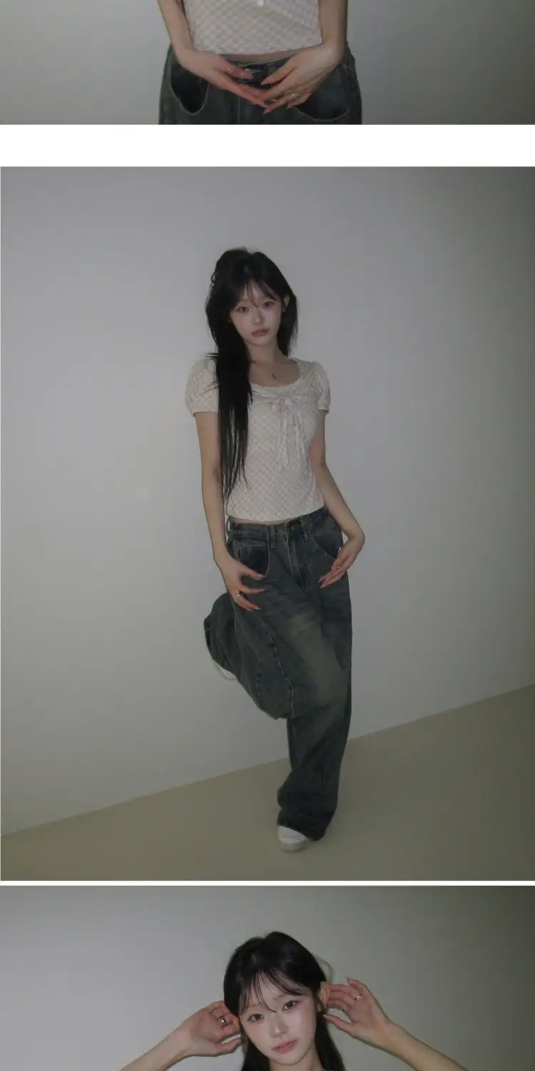 반소매 체크 패턴 퍼프소매 티셔츠 상세 이미지 18