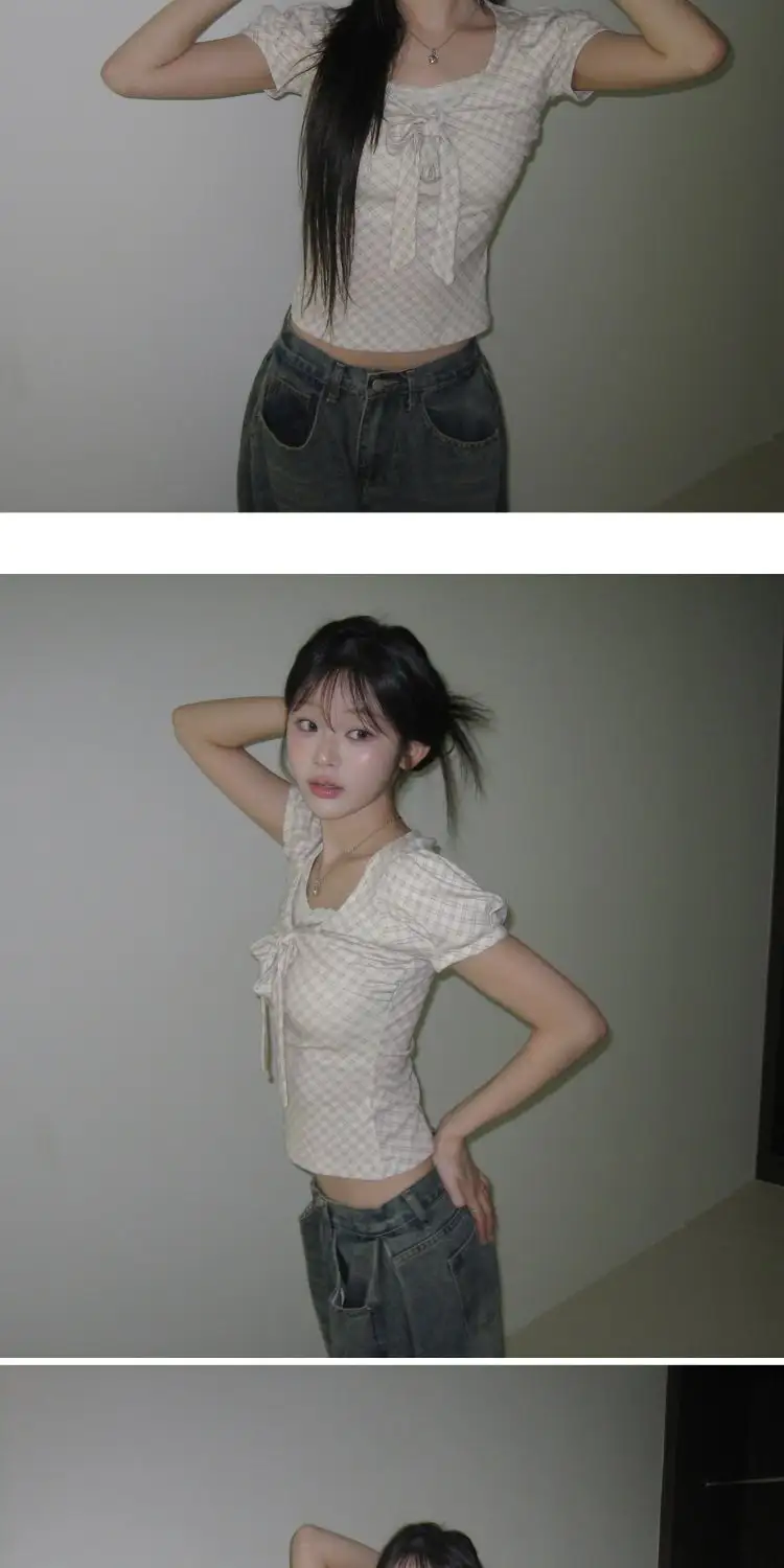 반소매 체크 패턴 퍼프소매 티셔츠 상세 이미지 19