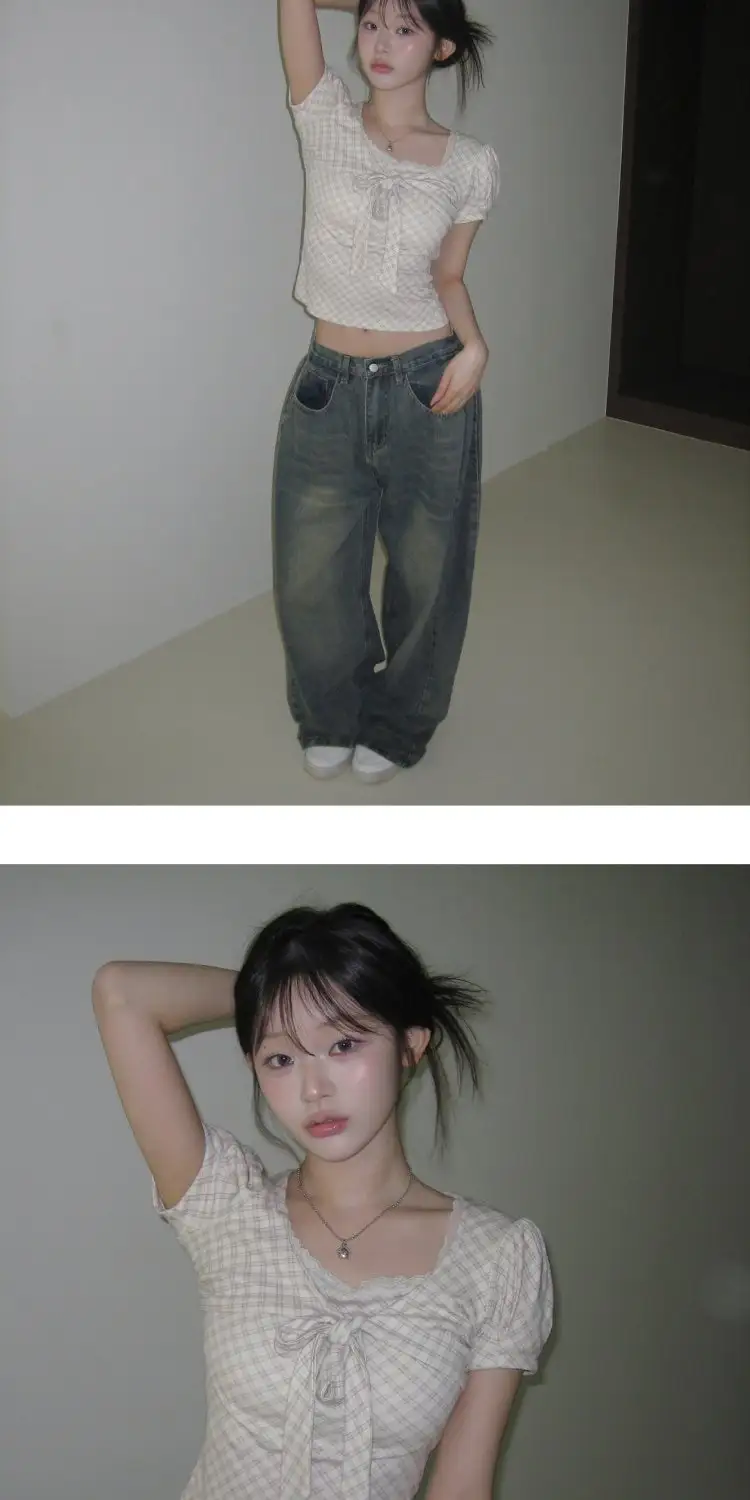 반소매 체크 패턴 퍼프소매 티셔츠 상세 이미지 20