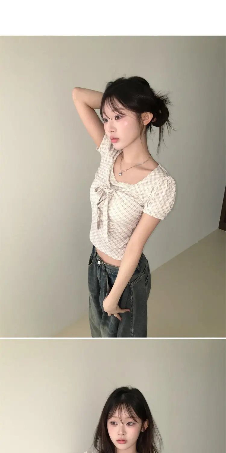 반소매 체크 패턴 퍼프소매 티셔츠 상세 이미지 22