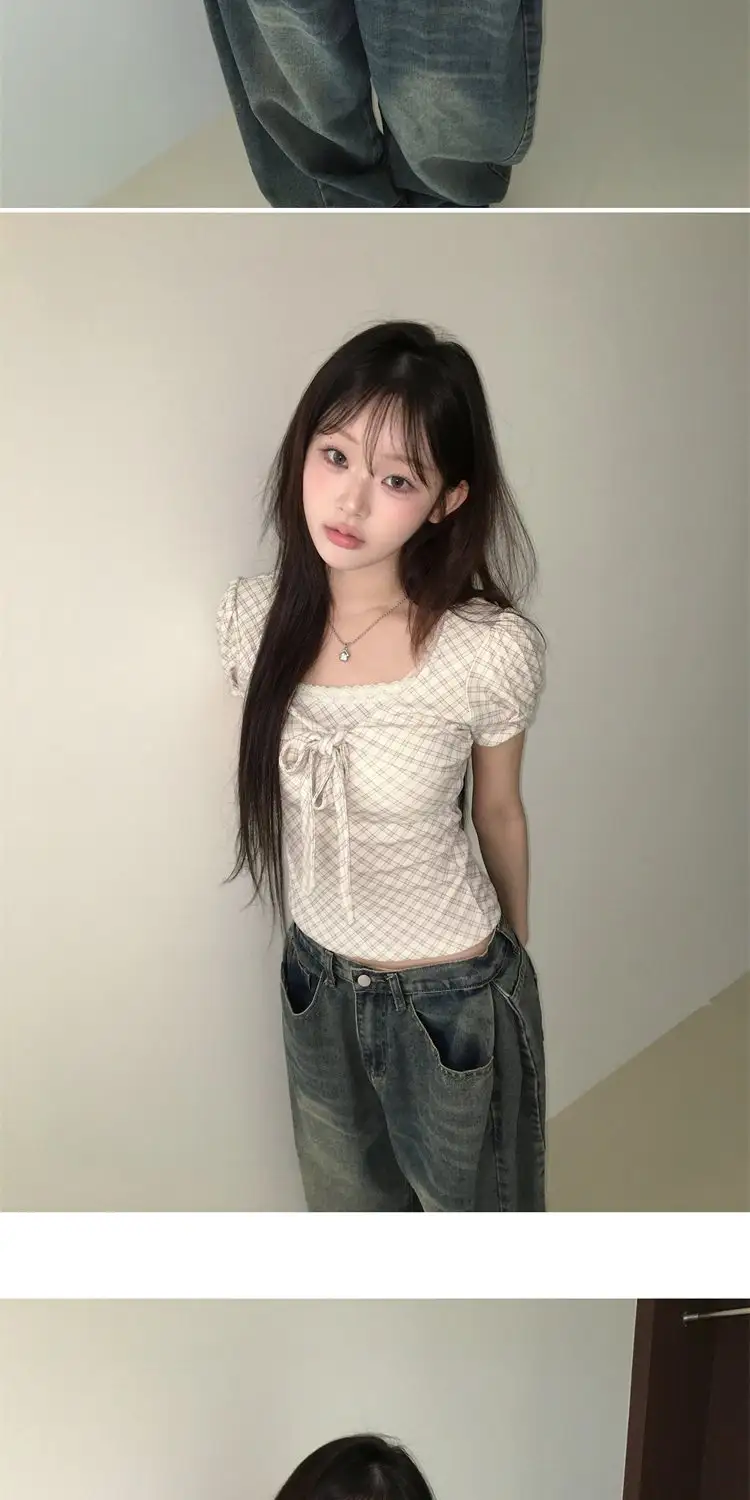 반소매 체크 패턴 퍼프소매 티셔츠 상세 이미지 24