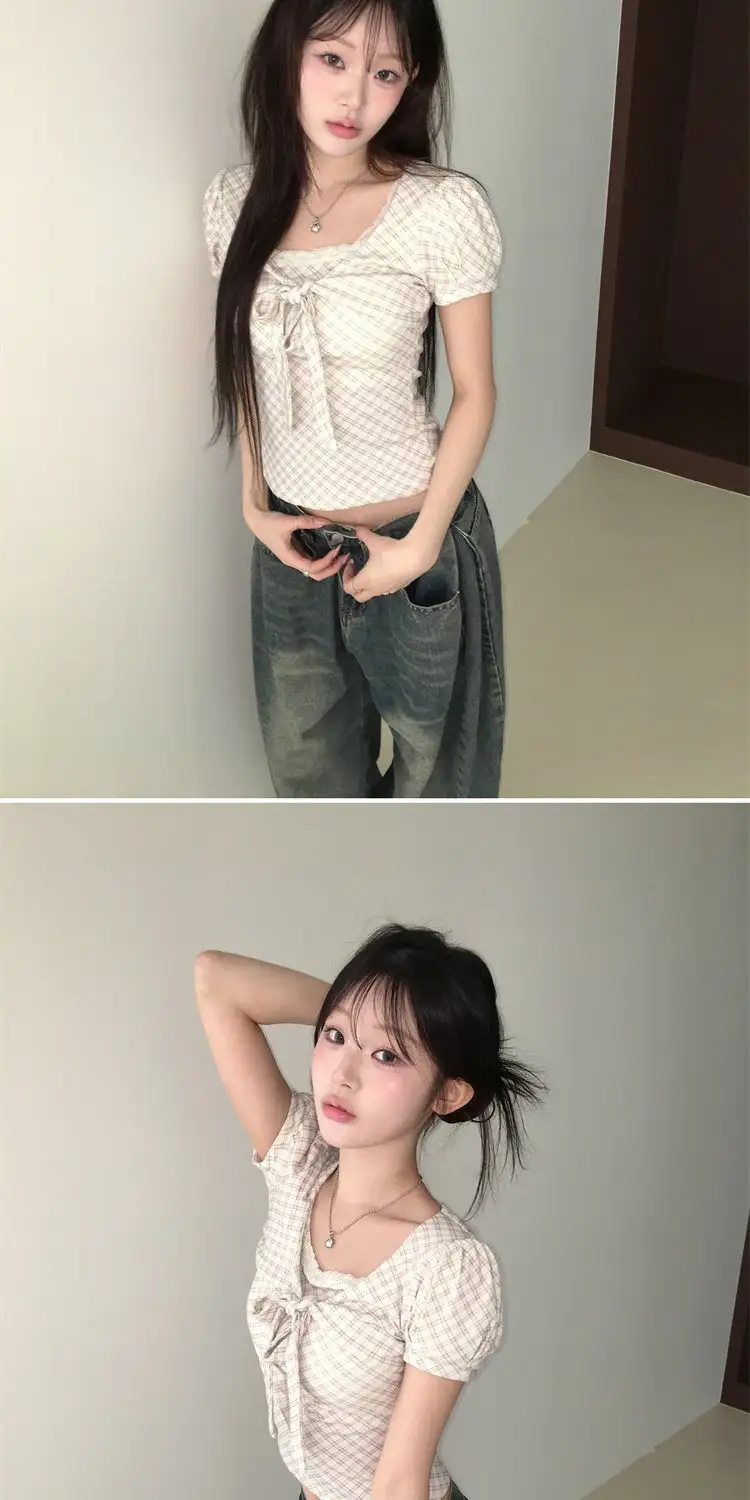 반소매 체크 패턴 퍼프소매 티셔츠 상세 이미지 25