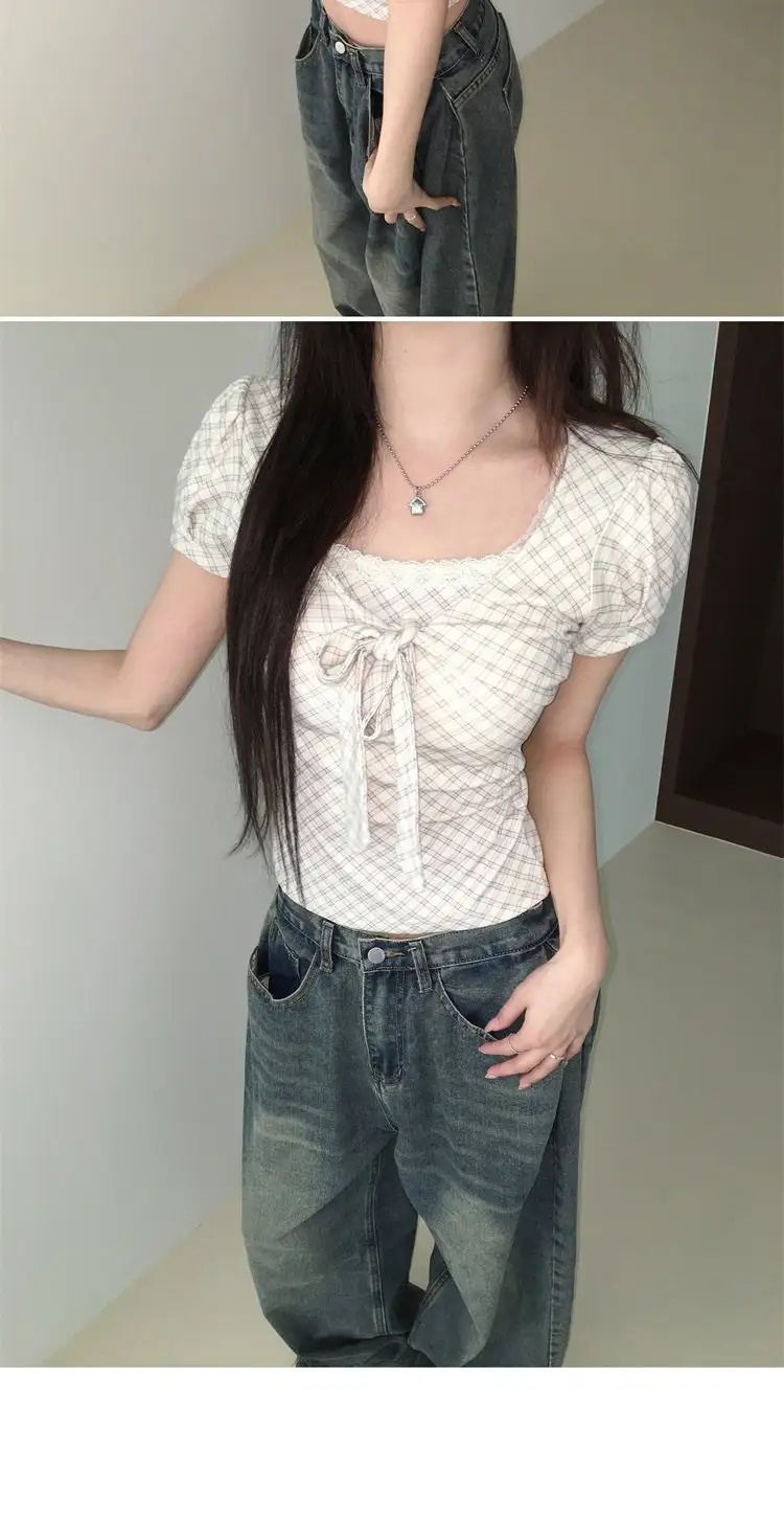 반소매 체크 패턴 퍼프소매 티셔츠 상세 이미지 26
