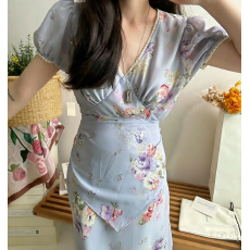 批发chic韩国东大门夏季新款26甜美温柔花朵V领蕾丝花边短袖<b class='q'>连衣裙</b>