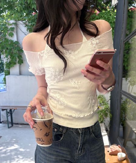 있음 선적 한국 동대문 봄 여름 부드러운 다용도 슬립 자수 반팔 세트