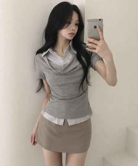있음 선적 달콤한 핫걸 V넥 불규칙 주름 흔들다 칼라 스트라이프 페이크 레이어드 여성 셔츠 순수한 욕망 polo 맨위