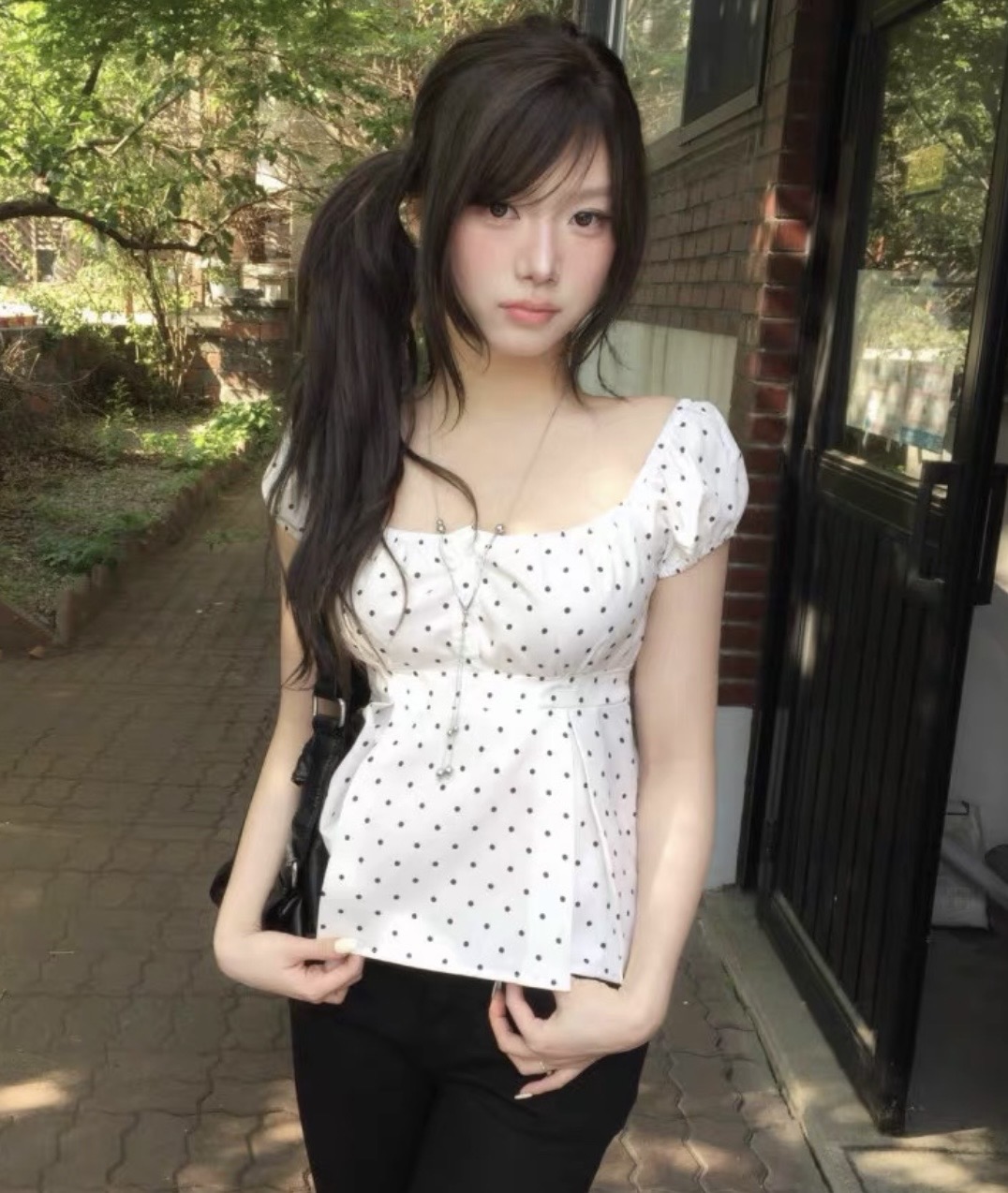 있음 선적 한국 신선함 도트 무늬 광장 칼라 거품 소매 허리 수축 슬림해 보이는 맨위