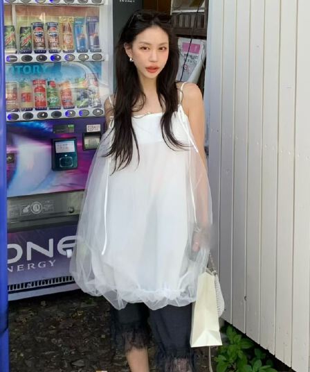화이트 슬립 여성 드레스 여름 망사 치마 휴가 바람 요정 치마 퍼프 한 마디 미니 스커트