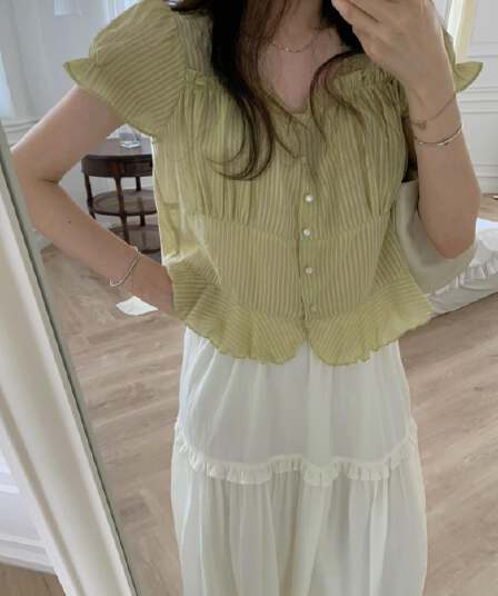 재고 있음 chic 한국 동대문 작은 절묘한 Pleat 부드러운 청 ~을 통해 달콤함 작은 버블 소매 셔츠