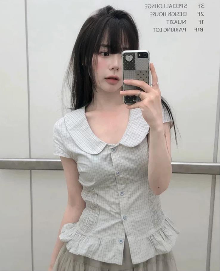 재고 있음 소녀 부드러운 달콤한 미적 감각 베이비 칼라 체크무늬 레이스 반팔 여성 셔츠 여름 다용도 섹션 슬림해 보이는 맨위