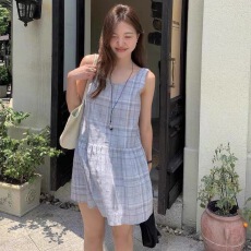批发夏季新款A字裙韩系撞色大圆领百搭显瘦格子无袖连衣裙
