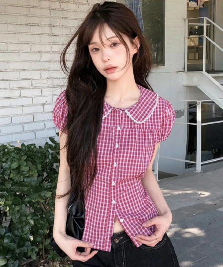 chic 한국 6 월 여름 한 부서 달콤함 소녀 베이비 칼라 레이스 체크무늬 반팔 셔츠