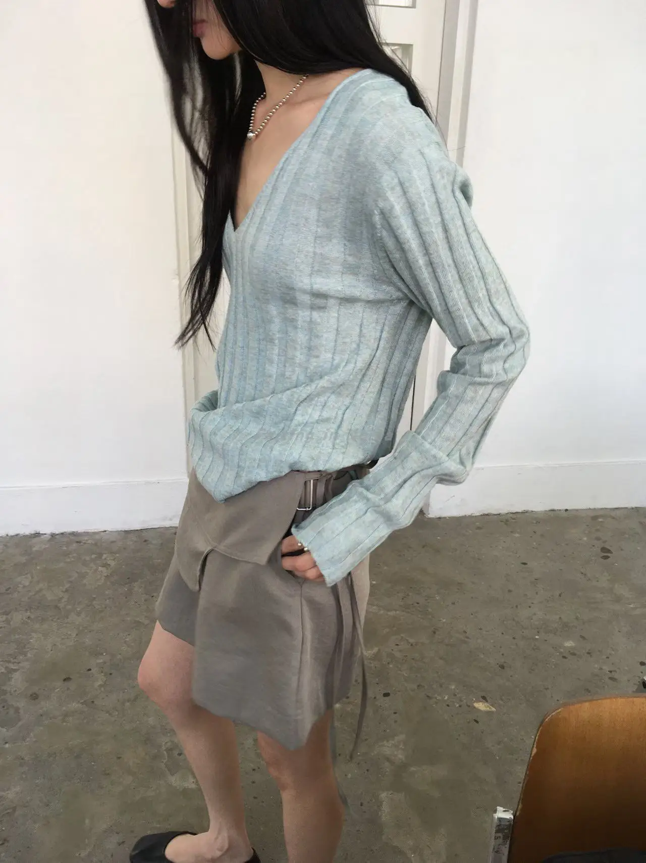 잡색 라인 V넥 니트 (4color) 상세 이미지 8