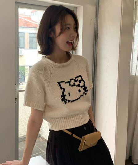 재고 있음 가을 한 부서 볼륨 측면 라운드 넥 만화 kt 고양이 자카드 반팔 니트 반팔 맨위