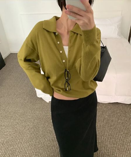 한국 동대문 이른 가을 새로운 폴로 칼라 싱글 줄 버튼 다용도 니트 오픈 가디건 여성 코트